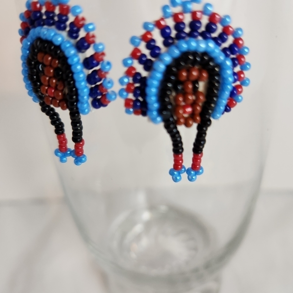 Handmade Native American Earrings Headdress Blue Red Brown Beaded Pierced - Picture 2 of 6